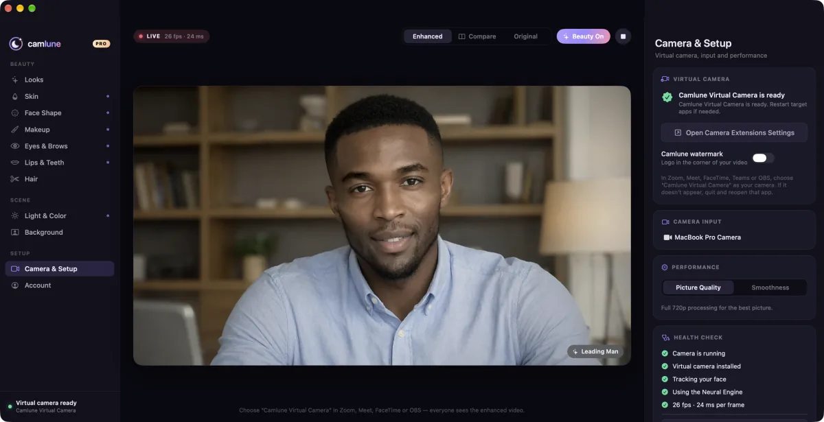 Camlune Camera and Setup section with virtual camera status and health check