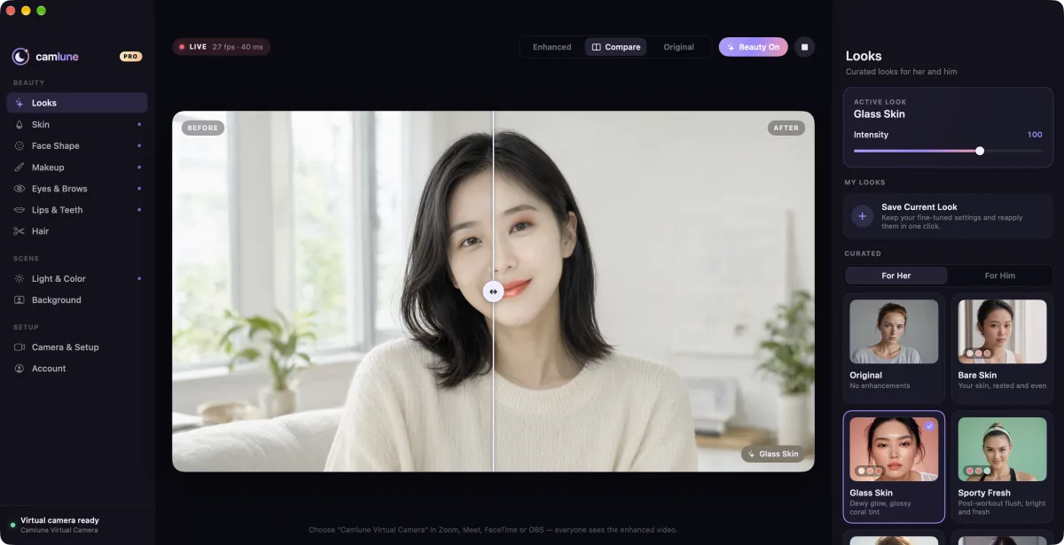 The Camlune studio with Looks open and a before and after split preview